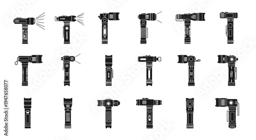 Collection of Black Flashlight Icons Set Isolated White Background
