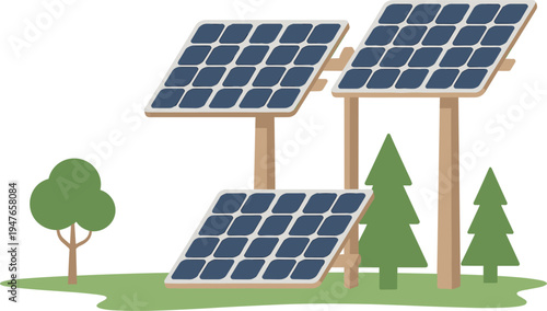 Solar panel vector illustration with trees for renewable energy and sustainable green environment technology design