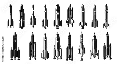 Collection of Black Rocket Silhouettes on White Background