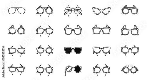 Collection of Diverse Eyewear Styles, Optical Frames and Sunglasses Icons