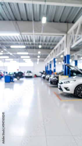 Blurred interior view of a spacious automotive service bay featuring multiple vehicles undergoing maintenance, with a high ceiling and bright lighting