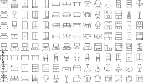 Furniture and home appliance line icons collection, bedroom living room kitchen objects outline vector set for interior design