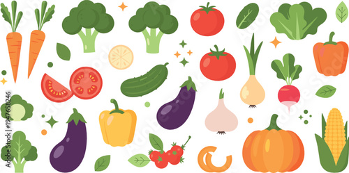 Fresh vegetables vector illustration set featuring tomato, carrot, broccoli, eggplant, pumpkin, cucumber, corn, onion and healthy organic food elements