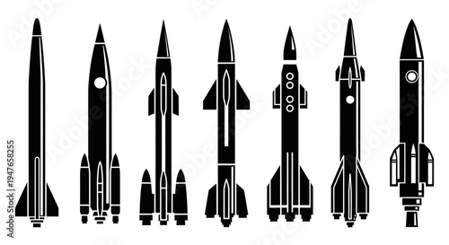 Collection of diverse rocket silhouettes, vector illustration