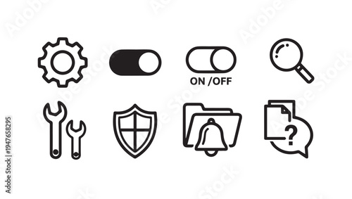 Set of UI Icons: Settings Toggle Search Tools Security Notification Help