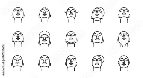 Collection of Minimalist Faces Looking Up, Line Art Style