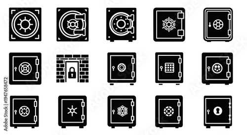 Collection of Security Safe Icons: Protection, Storage, and Financial Safety