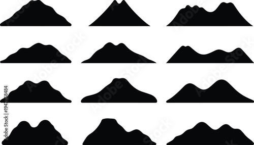 Twelve black silhouette icons of mountains with varied peak shapes and contours on a white background