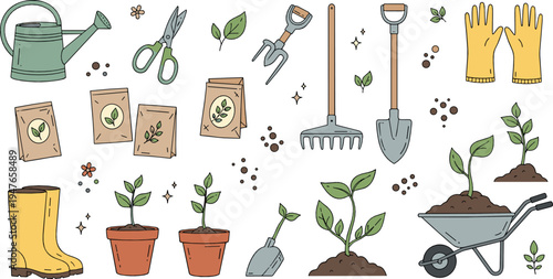 Gardening Tools and Plants Vector Collection with Watering Can Wheelbarrow Shovel Gloves Seeds Garden Equipment Illustration Set