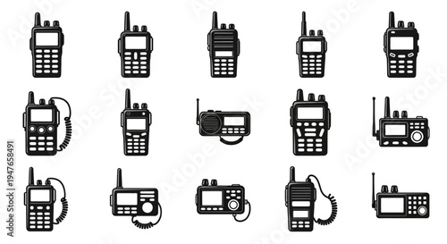 Collection of portable two-way radio communication devices, walkie-talkie icons