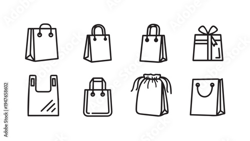 Shopping Bags Icons SetVarious Types and Gift BoxLine Art