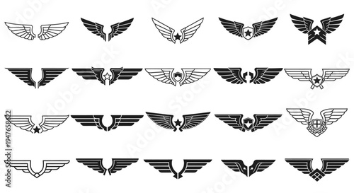 Collection of Stylized Wing Emblems and Badges - Vector Graphics