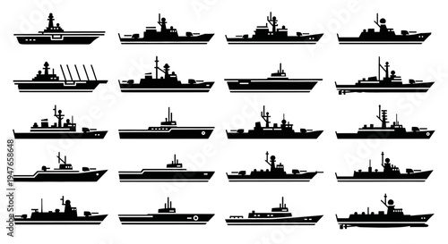 Collection of Warships Silhouettes: Navy Vessels, Military Ships, Marine Fleet