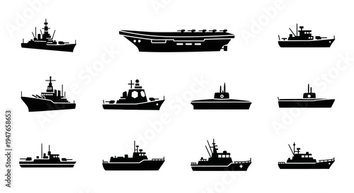 Collection of Warships and Naval Vessels Silhouettes