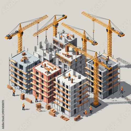 Isometric illustration of construction sites with cranes, buildings, and workers.