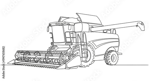 Combine Harvester Drawing Line Art Agricultural Machine Isolated on White Background