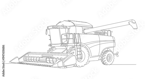 Combine Harvester Line Art Drawing: Agricultural Machine Sketch