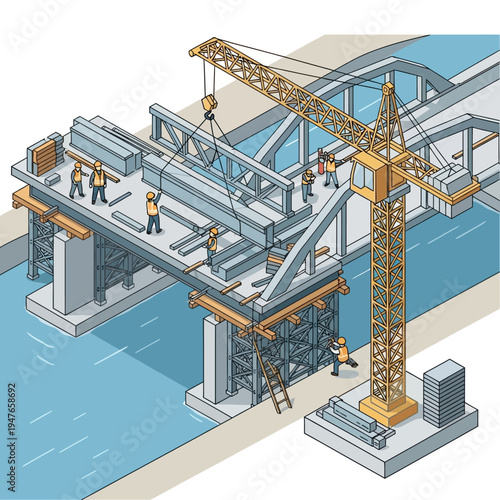 Construction of a bridge over a river, with workers and a crane involved.