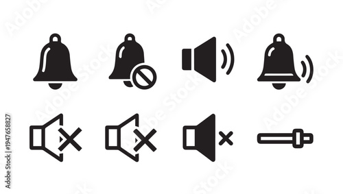 Sound and Notification Icons Set: Bell Speaker Mute Volume ControlStock Icons