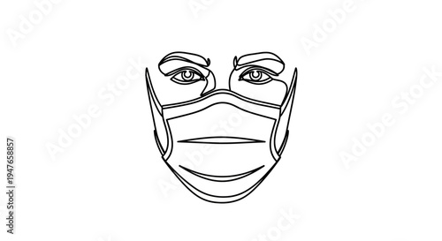 Continuous line drawing of a person wearing a medical face mask, minimalist style