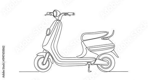 Continuous line drawing of a modern electric scooter, minimalist style, white background.