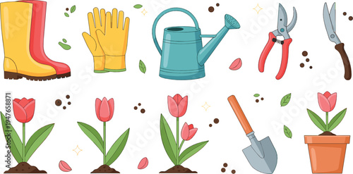 Gardening Tools and Tulip Flowers Vector Collection with Watering Can Gloves Boots Pruners Shovel Garden Illustration Set