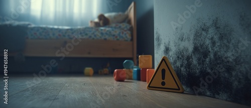 Black mold growing on a damp interior wall with a warning sign, highlighting potential health hazards in a home environment.