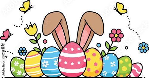 A colorful Easter illustration featuring decorated eggs and bunny ears with flowers and butterflies