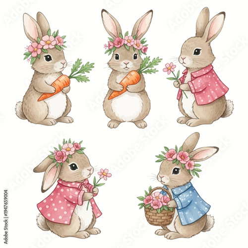 Adorable rabbits in floral crowns and clothes.