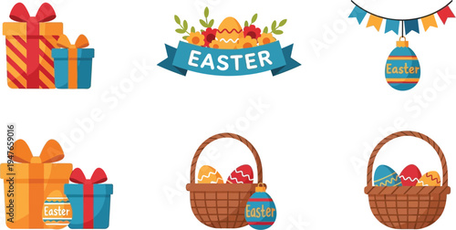 A colorful Easter-themed illustration featuring gift boxes and baskets with eggs