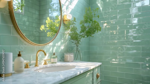 Serene bathroom vanity with mint green subway tile wall, round gold mirror, brass faucet and fixtures, marble countertop, sink, glass vase of green branches, soap dispensers and dappled sunlight