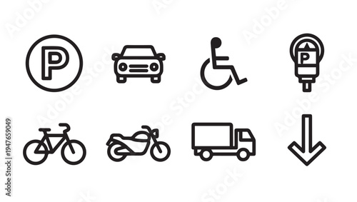 Transportation Icons: Parking Car Bike Motorcycle Truck Wheelchair Meter Arrow