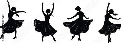 Elegant dancing woman silhouette collection in flowing dress poses, graceful female dancer movement isolated on white background artistic vector illustration set
