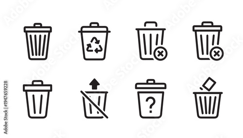Trash Can Icons Set with Various Symbols for Deletion and Recycling Line Art