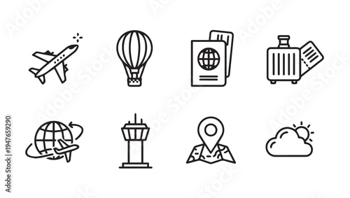 Travel Icons: Airplane Hot Air Balloon Passport Suitcase Globe Control Tower Map CloudLine Art