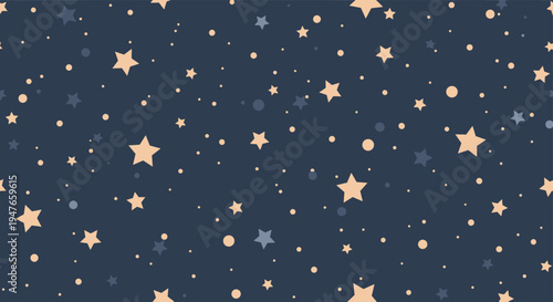 Seamless celestial pattern with golden stars and small dots scattered across a beautiful dark blue night sky background.