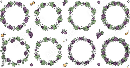 Grape Vine Wreath Vector Collection with Vineyard Leaves Berries Rustic Botanical Circle Frames Winery Harvest Illustration Set