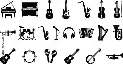 Musical instruments silhouette icons collection, piano guitar violin saxophone trumpet drums microphone and headphones music vector set