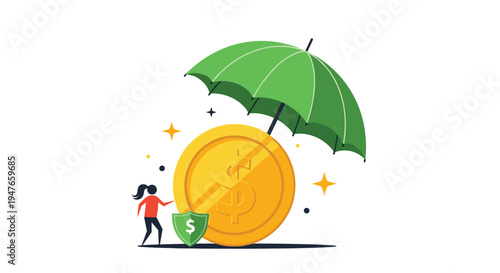 Illustration showing a woman holding a shield next to a large gold coin protected by a green umbrella on white.