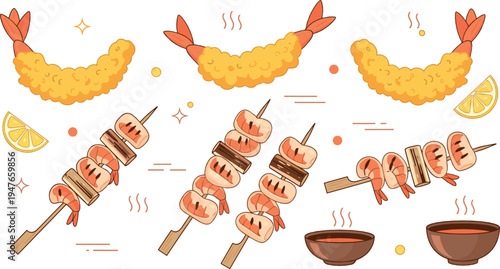 Grilled shrimp skewers and fried shrimp collection with seafood street food illustration set