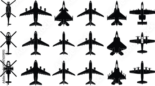 Aircraft and helicopter silhouettes collection, military fighter jets and passenger airplanes top view aviation transport vector icon set