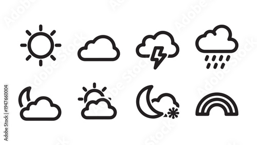 Weather Icons Set: Sun Clouds Rain Storm Moon Rainbow SnowLine Art