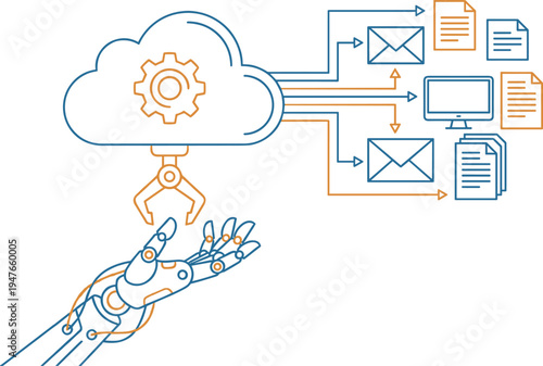 Cloud computing automation concept with robotic hand, data transfer workflow email documents technology network vector illustration