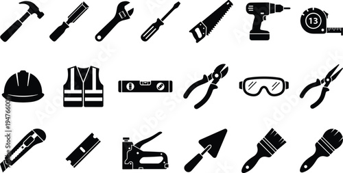 Construction tools and safety equipment icons set, hammer saw drill screwdriver pliers helmet vector illustration collection