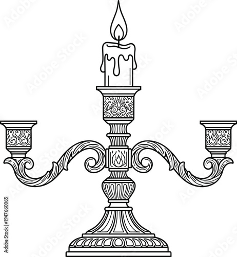 Vintage ornate candelabrum illustration with three candle holders and classical decorative patterns for antique and elegant vector design projects