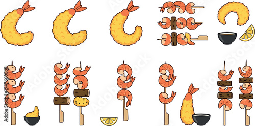Grilled shrimp skewers and fried shrimp seafood collection with dipping sauce illustration set