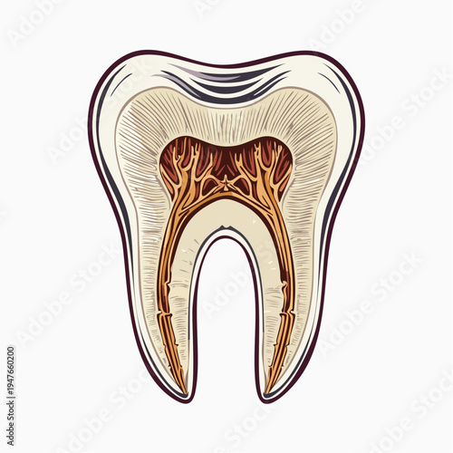Anatomical illustration of a human tooth, showcasing its intricate internal structure and pulp chamber for dental education and healthcare
