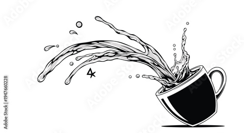 Dynamic black and white illustration of liquid coffee splashing out of a tilted cup capturing a sense of movement and energy for cafe art.