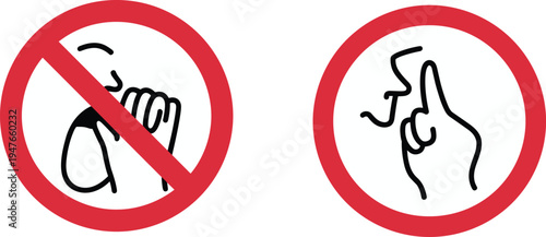 No whistling prohibition sign with hand whistle gesture symbol, warning restriction icon set isolated vector illustration design