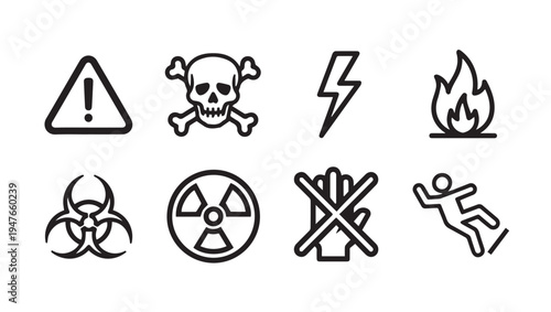 Set of hazard warning symbols and icons for safety and danger signs
